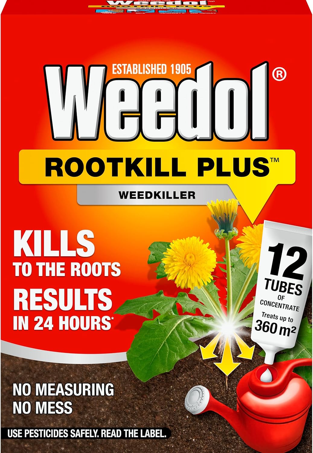 Weedol Rootkill Plus weedkiller box displaying 12 concentrated tubes, kills weeds to the roots with results in 24 hours.