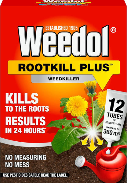 Weedol Rootkill Plus weedkiller box displaying 12 concentrated tubes, kills weeds to the roots with results in 24 hours.