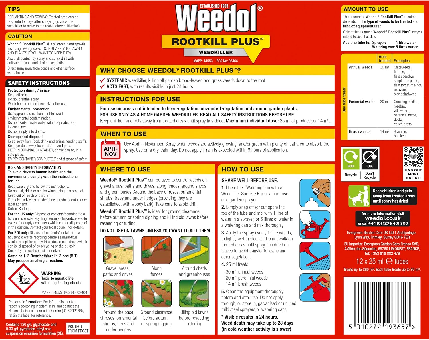 Weedol Rootkill Plus weedkiller instructions, safety tips, usage guidelines, and product information on packaging.