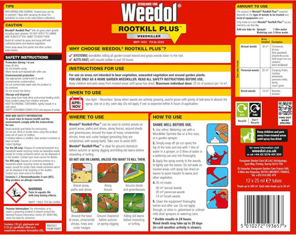 Weedol Rootkill Plus weedkiller instructions, safety tips, usage guidelines, and product information on packaging.