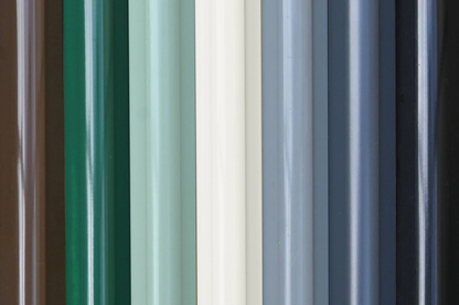 Image showing the metal colour coating options, the colours are all laid next to each other showing the options available. Colours from left to right are: Chestnut Brown, Racing Green, Cotswold Green, Antique Ivory, Smokey Grey, Anthracite &amp; Black