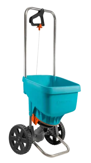 Gardena Spreader XL for distributing sand, salt, grit, and fertilizer over large areas up to 800 m², suitable for year-round use.