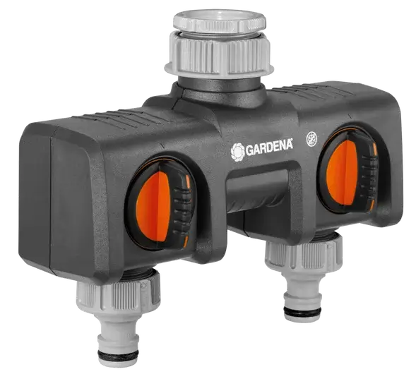 Gardena Twin-Tap Connector for watering two garden areas with two outlets, suitable for 26.5 mm (G 3/4&quot;) and 33.3 mm (G 1&quot;) threads