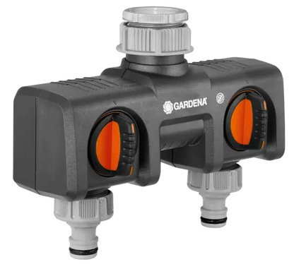 Gardena Twin-Tap Connector for watering two garden areas with two outlets, suitable for 26.5 mm (G 3/4&quot;) and 33.3 mm (G 1&quot;) threads